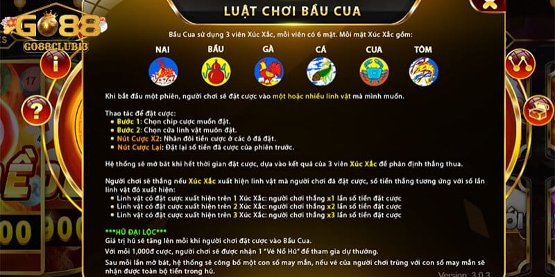 Chia sẻ luật chơi, quy tắc và tỷ lệ trả thưởng của bầu cua mini Go88